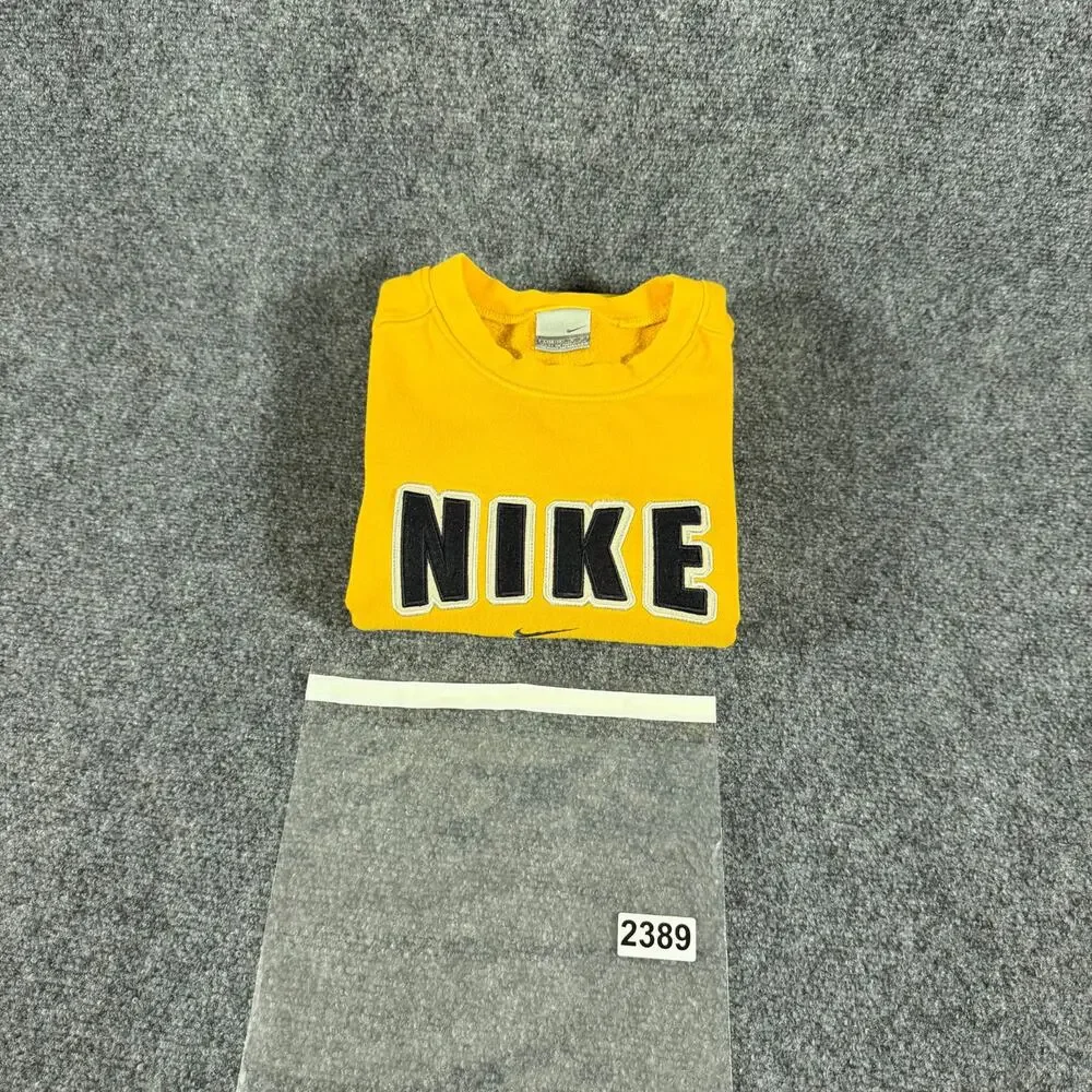 Vintage Nike Crewneck Sweatshirt Youth L 14-16 Yellow Spell Out Y2K Fleece